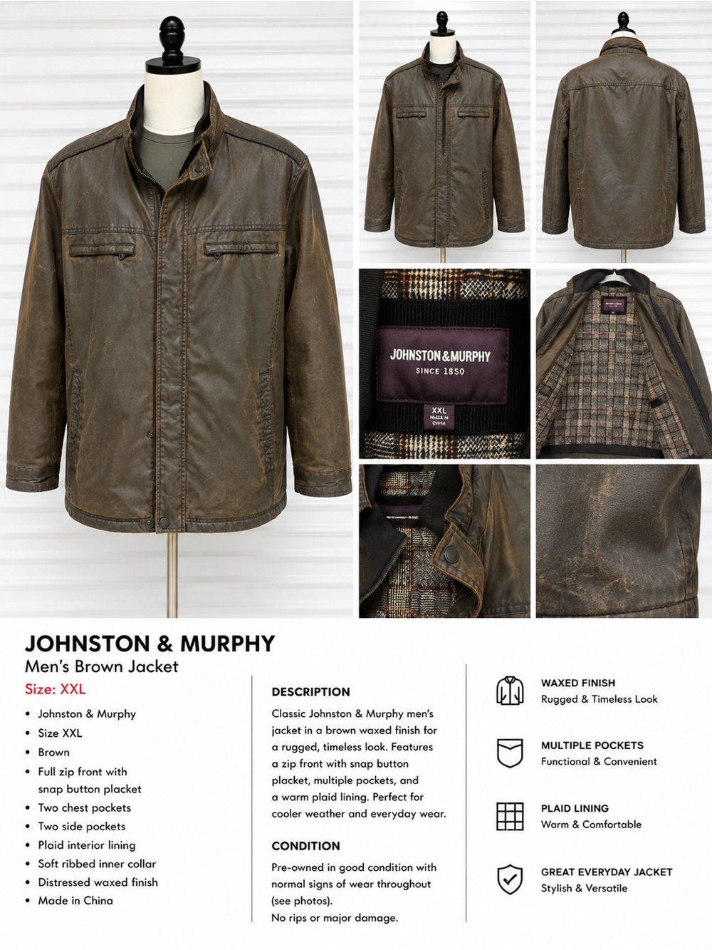 Johnston & Murphy Men's Distressed Brown Waxed Field Jacket